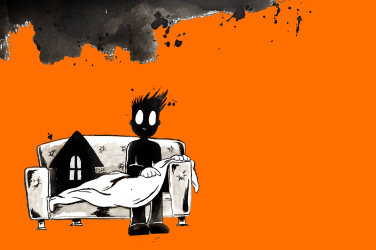 Illustration med en sorgsen figur som sitter på en soffa med en filt och bredvid sig ett hus i miniatyr.