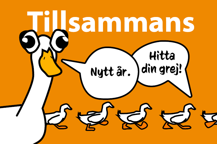 Illustration med ankor mot orange bakgrund. I bakgrunden står ordet Tillsammans och en anka säger Nytt år m...