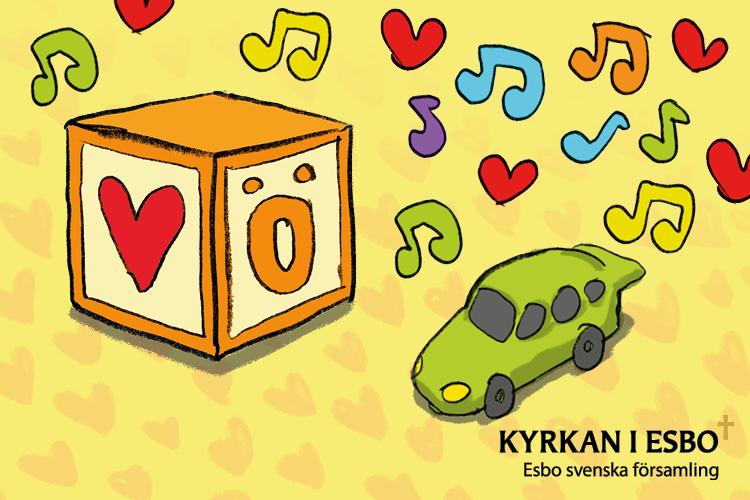 Illustration med en leksaksbil, dansande noter och en kvadrat med ett hjärta och bokstaven ö på sidorna.
