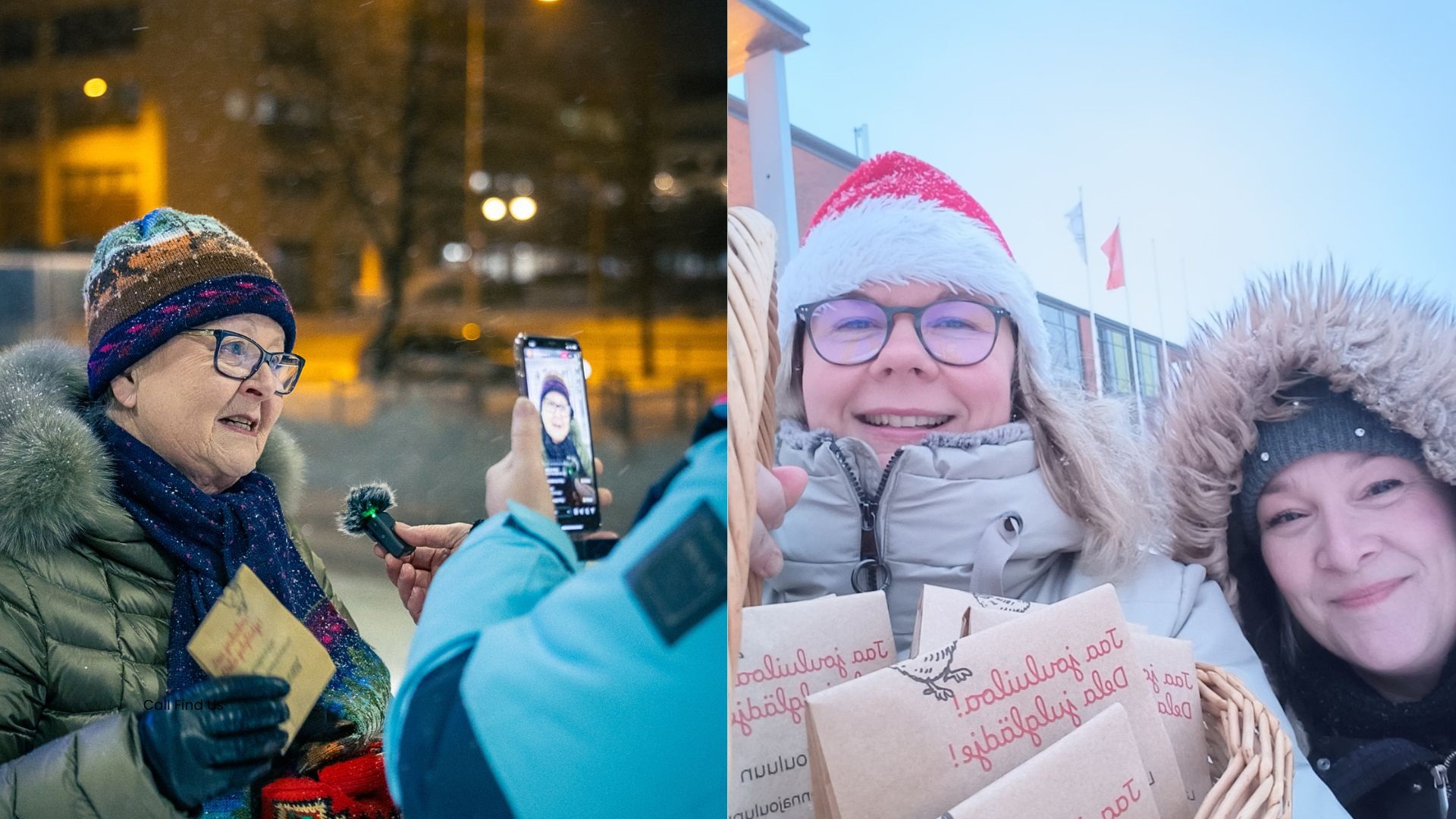 En äldre kvinna i mörker som tar emot en påse pepparkakor och den andra bilden visar två glada kvinnor på e...