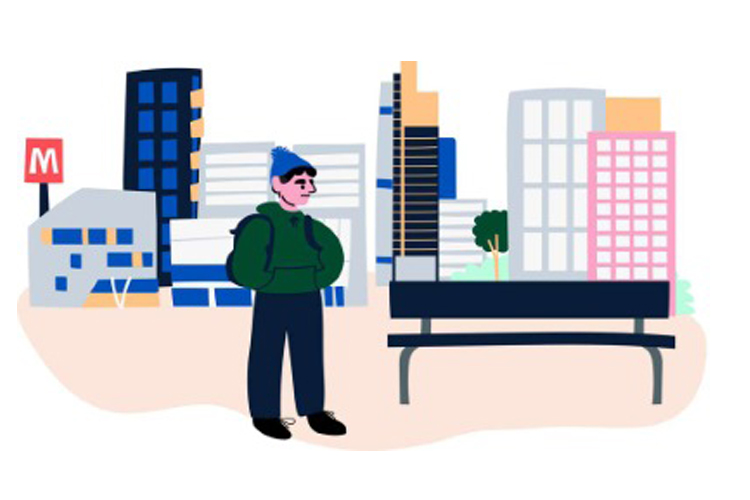 En teckning där en mansperson närmar sig en parkbänk och i bakgrunden syns stadens silhuett och metroskylt.