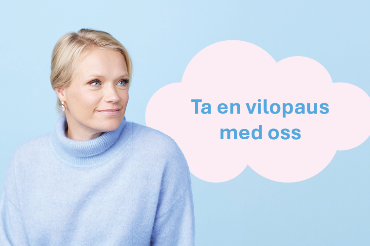 Maaret Kallio i ljusblå stickad polotröja med ett rosa tecknat moln instill där det står: Ta en vilopaus me...
