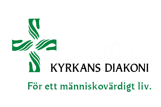Logotyp med fyra händer som bildar korssymbolen och texten kyrkans diakoni för ett männsikovärdigt liv.