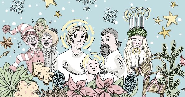 Illustration i pastellfärger med Josef, Maria och Jesus-barnet, sjungande människor och Lucia i bakgrunden.