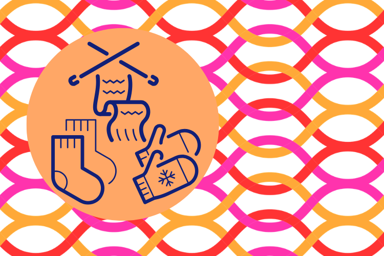 En illustration orangerött som påminner om stickade maskor och tre piktogram; vantar, sockor och en stickning på en orangegul cirkelformad botten.