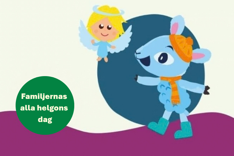 Illustration med ett blått lamm och en ängel.