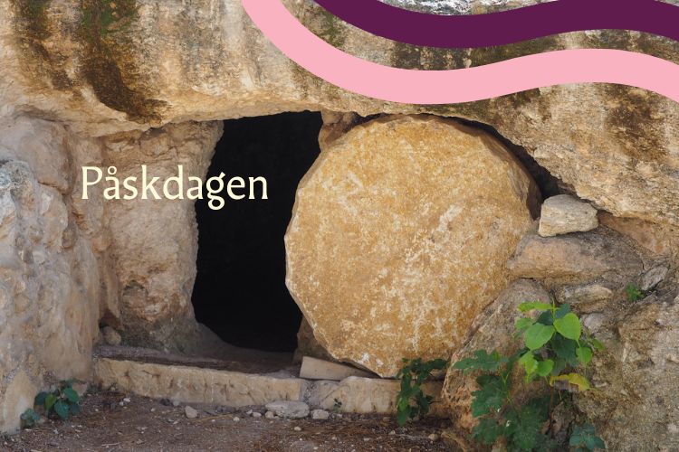 Hela familjens påskmässa En stengrotta med en bortrullad rund sten vid öppningen och texten Påskdagen.