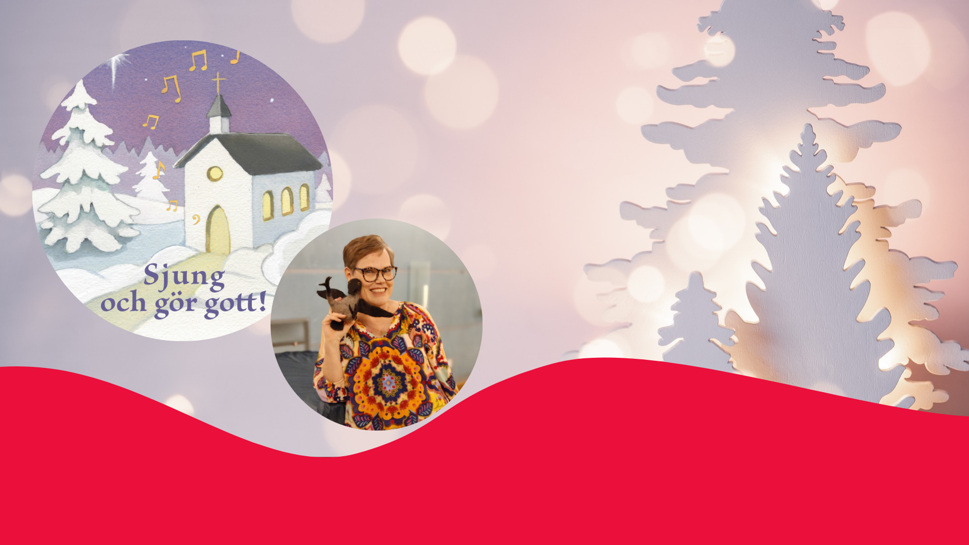 Illustration med en kyrka i snöigt landskap och ett infällt personfoto.