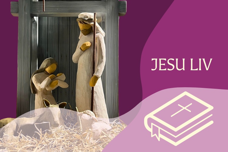 En krubba med snidade träfigurer och lila nyanser samt piktogram av Bibeln och texten Jesu liv.