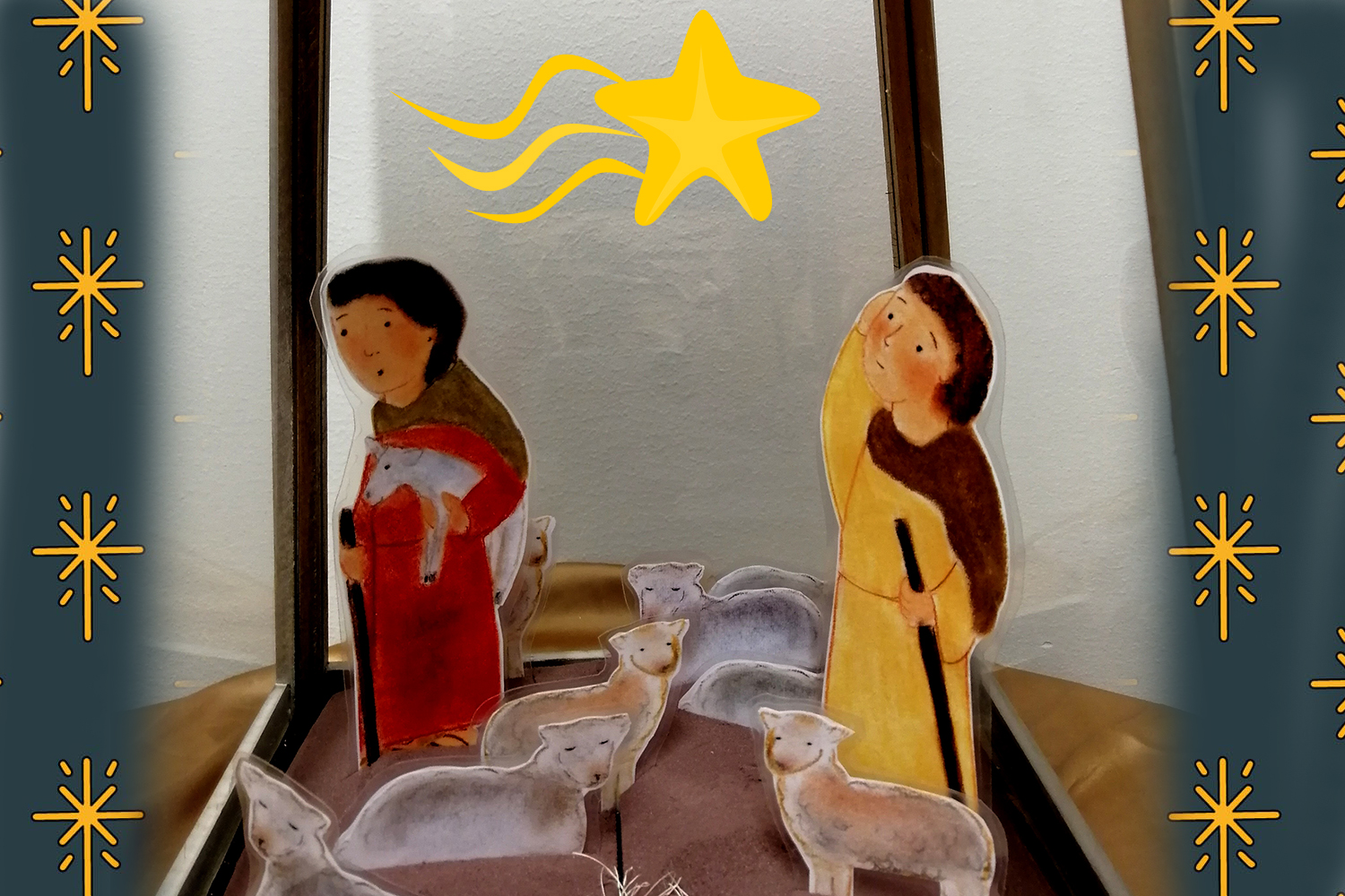 Julstig för hela familjen Herdarna på ängen med sina får under Betlehemsstjärnan.