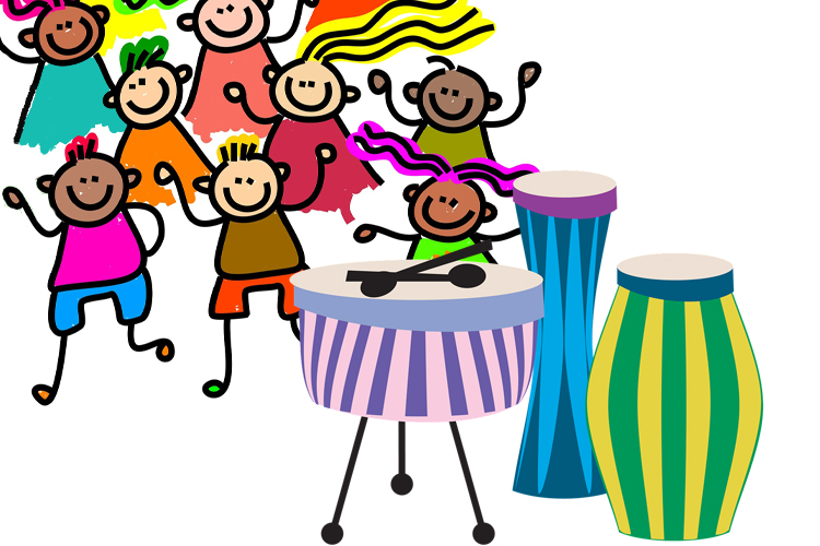 Illustration med färgglada barn målade som streckgubbar och färgglada trummor.