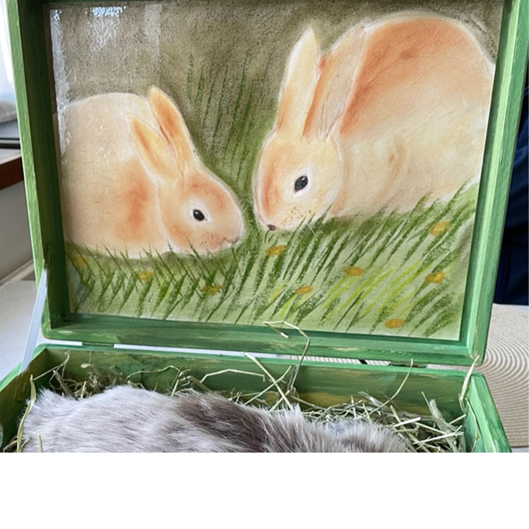 Teckning med två bruna kaniner som äter gräs.