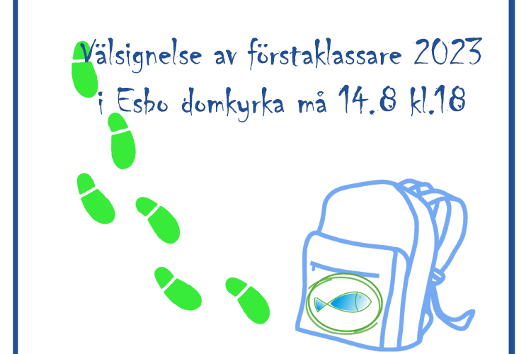 Illustration med ryggsäck och fotspår och en fisksymbol på ryggsäcken.
