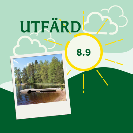 Grön grafik med böljande vågor, gul sol och texten utfärd samt ett foto med strand och brygga.