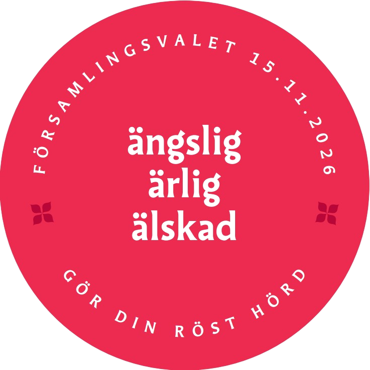 Kyrkans gemensam vallogo med ord ängslig, ärlig och älskad