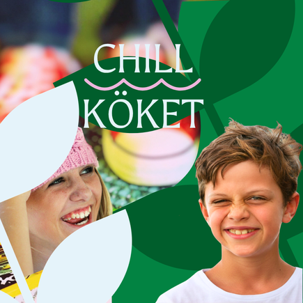 Två glada barnansikten, gröna blad som grafik och texten Chillköket i ljusblått.