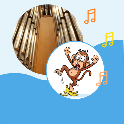 En orgel infälld i en cirkel och en illustration av en apa i en annan cirkel.